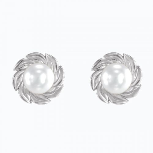 Leaf Motif Cultured Akoya Pearl Stud Earring, 14k White Gold